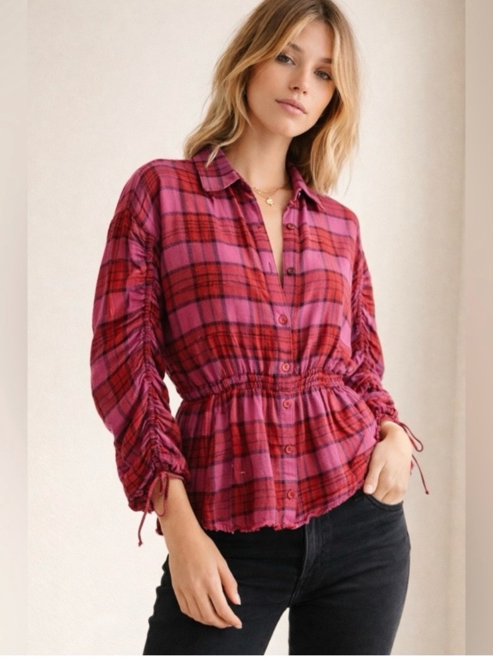 Free People Women's Snap Pacific Dawn Drawstring Pink Plaid Snap Front Wool Sz M